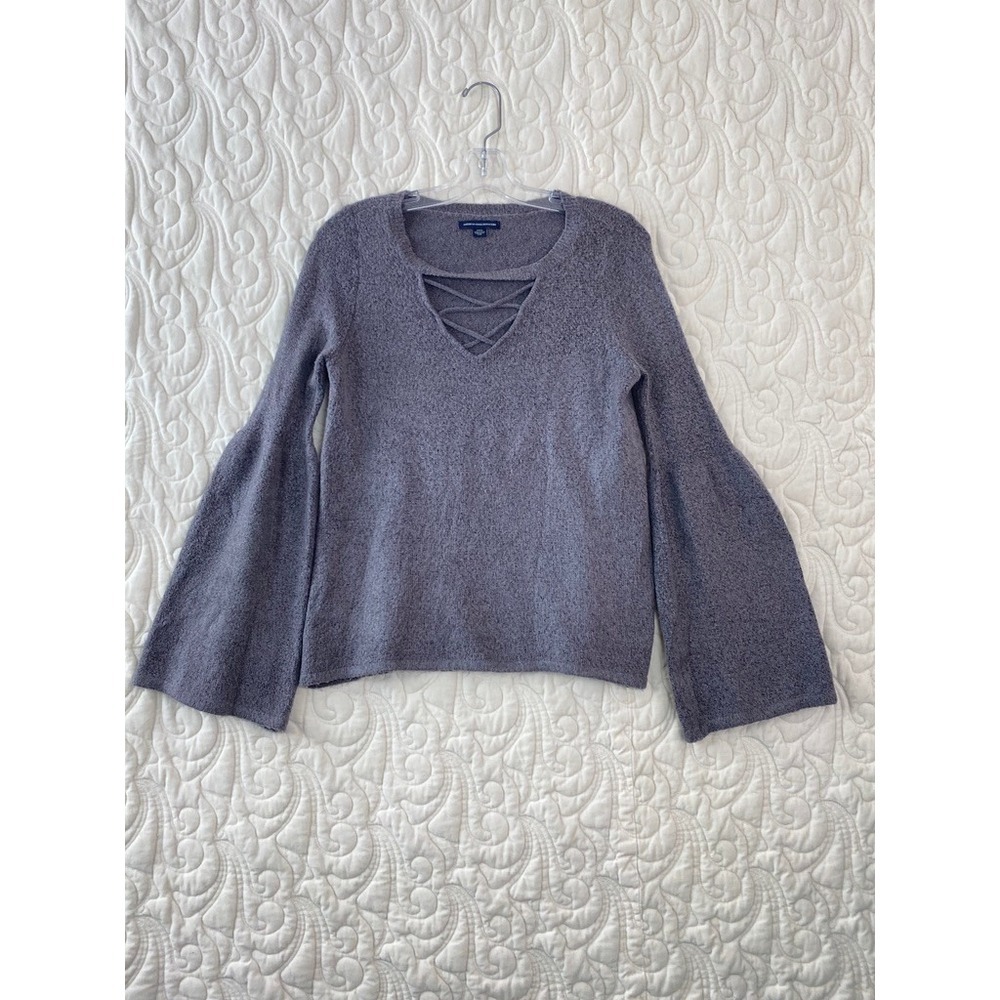 American Eagle Bell Sleeve Sweater Grey Womens Small Lattice Strappy V-Neck